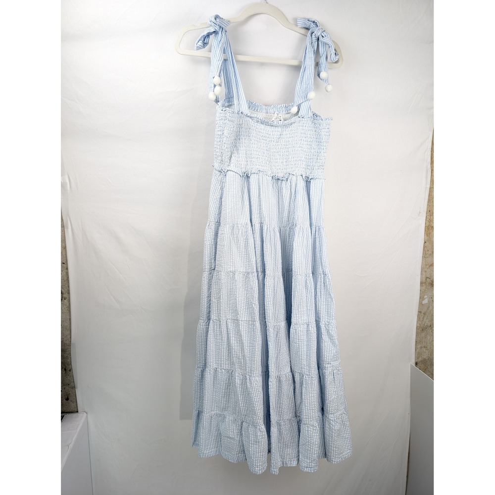 Seersucker 100% Cotton Lined Tiered Peasant Dress Sz S Blue Cottagecore Prairie - Picture 8 of 10